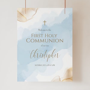 Boy First Holy Communion Welcome Sign, Christening Welcome Sign, Printable Welcome Sign, Blue Gold Watercolor Welcome Sign Editable Template