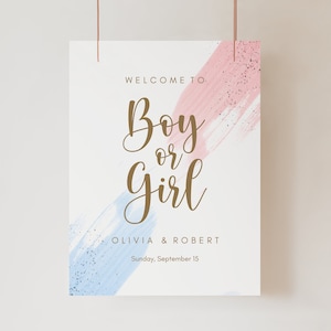 Boy or Girl Welcome Sign Template, Gender Reveal Sign Decoration, Custom Digital Pink Blue Watercolor Welcome Poster, Gender Party Decor