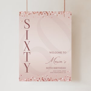 Plantilla de letrero de bienvenida para cumpleaños número 60 en oro rosa imprimible, letrero editable, póster de bienvenida de cumpleaños rosa ruborizado, tablero de bienvenida moderno