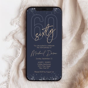 Electronic Navy Gold 60th Sixty BIRTHDAY Invitation Evite, Digital Phone SMS Text message invite, Editable Template, Blue Mens Invitation