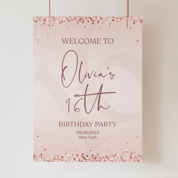Editable 16th Sweet Sixteen Birthday Party Welcome Sign Template, Printable Pink Birthday Welcome Sign, Rose Gold Glitter Poster, Sign Board