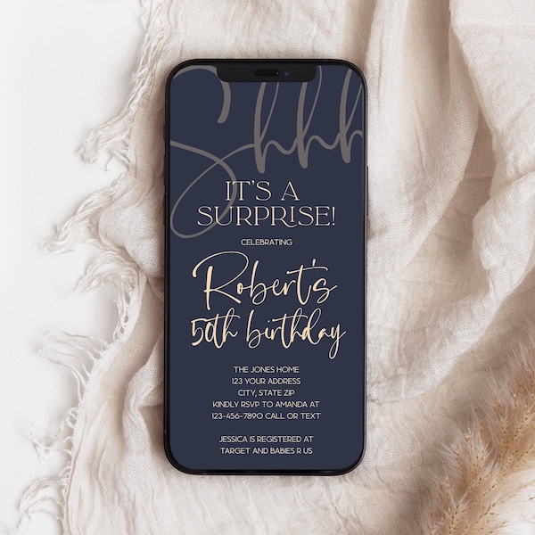 Digital Navy Gold 50th Fifty Shhh its a surprise, Electronic birthday invitation template, Editable Text Message Invite, Custom Phone Evite