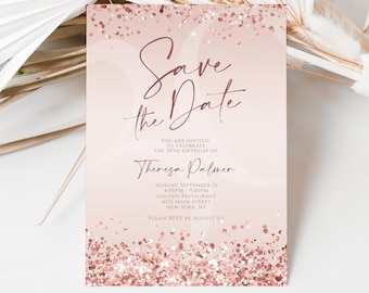 Printable Rose Gold Save the Date Birthday Invitation Template, Rose Gold Foil Confetti Invite, Editable Text Message Evite, Any Age Invite