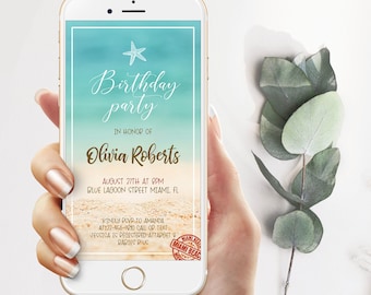 Beach Party Electronic Invitation, Beach Birthday SMS Text Invite, Beach Birthday Evite, Beach Party Phone message Invite, Instant Download