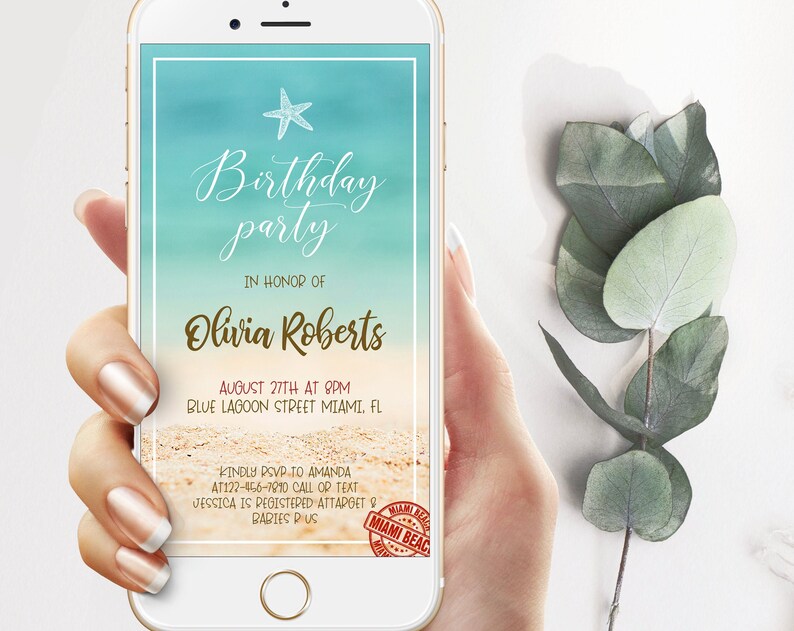 Beach Party Electronic Invitation Beach Birthday SMS Text Invite Beach Birthday Evite Beach Party Phone message Invite