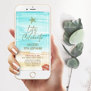 20th birthday Watercolor Beach Party Electronic Invitation, Beach Birthday SMS Text Invite, Beach Birthday Evite, Phone message Invite