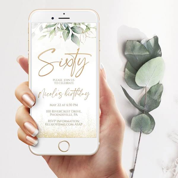 Sixty Electronic Birthday Invitation, 60th Boho Floral Greenery Phone Party Invite Evite, Instant Download, Text Message, Mobile Invitation