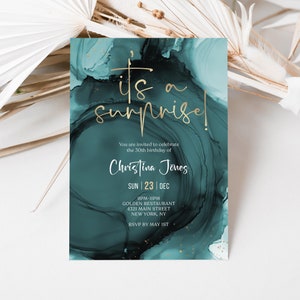 Teal Gold Geburtstag Überraschungsparty Einladungskarte, bearbeitbar jede Alter Einladungsvorlage, druckbare Überraschungseinladung Evite, digitaler Download