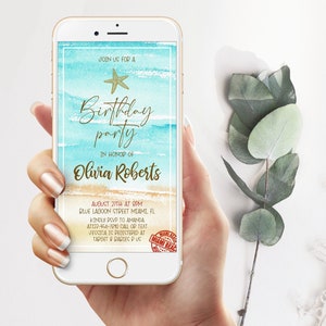 Watercolor Beach Party Electronic Invitation, Beach Birthday SMS Text Invite, Beach Birthday Evite, Beach Party Phone message Invite Digital