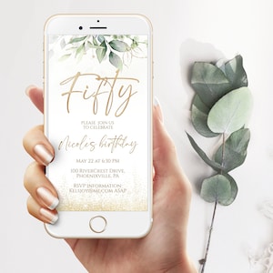 Fifty Electronic Birthday Invitation, 50th Boho Floral Greenery Phone Party Invite Evite, Instant Download, Text Message, Smartphone Invite