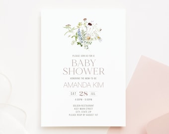 Wildflower Baby Shower Invitation, Girl Baby Shower Invite, Editable Template, Printable Invitation, It's A Girl, Digital Spring Baby Shower