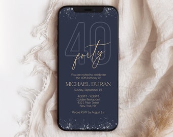 Electronic Navy Gold 40th Forty BIRTHDAY Invitation Evite, Digital Phone SMS Text message invite, Editable Template, Blue Mens Invitation