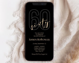 Electronic Black Gold 60th Sixty BIRTHDAY Invitation Evite, Phone Email text message invite, Editable Template, Digital Mens Invitation DIY