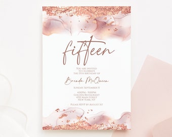 Modern 15th Fifteen Rose Gold Glitter Editable Birthday Invitation Template, Printable Invite, Text Digital Invitation, DIY Instant Download