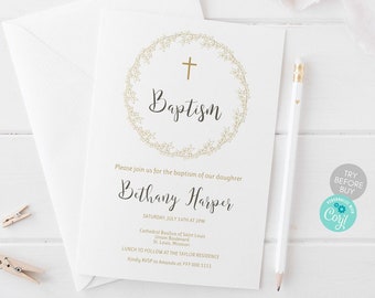 Gold Floral Baptism Invitation Girl, Baptism Invitation Template, Baptism Invite Girl, Editable Baptism Girl Invitation, Instant Download