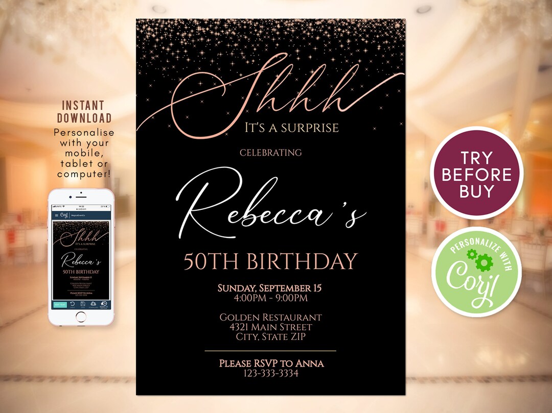 50th Birthday Invitation Printable, Birthday Surprise Party, Black Rose ...