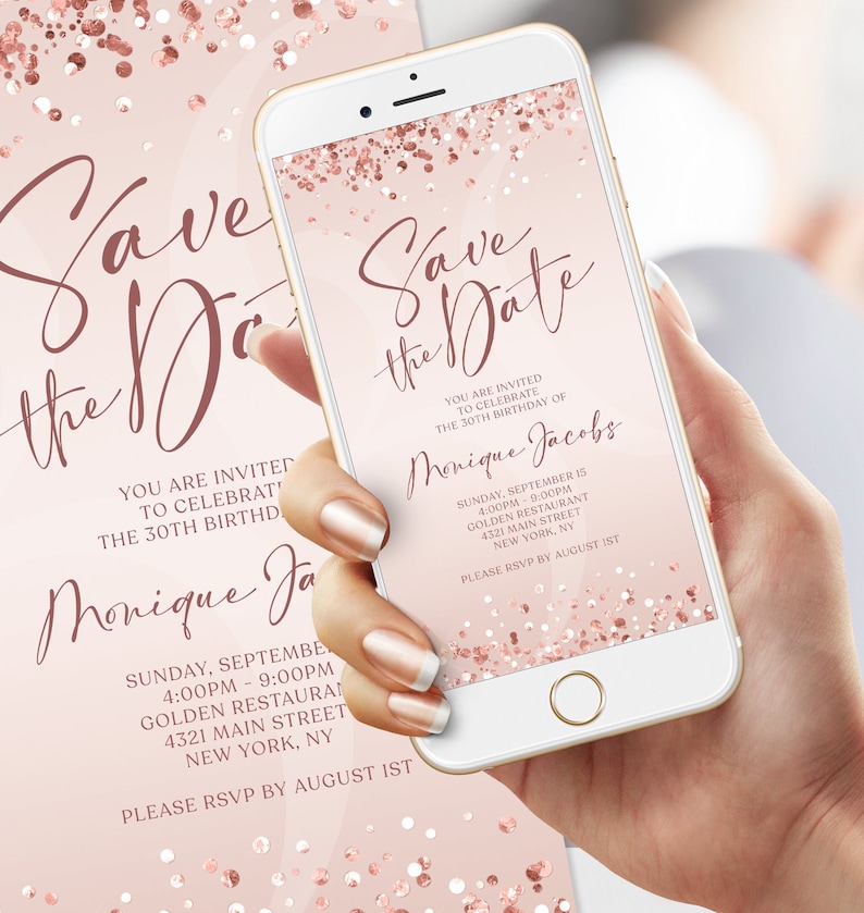 Electronic Rose Gold Foil Save The Date Invite, Digital Invitation Template, 40th Forty Save The Date Invite, Custom Any Age Editable Evite image 1