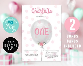 Balloon Girl Birthday Invitation Template, Instant Download Kids Balloon 1st Birthday Party Invite, Pink Confetti Girl Invitation Editable