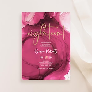 Modèle d'Invitation de dix-huit anniversaire en or rose fuchsia, invitation à un dîner fille imprimable, Evite surprise modifiable, téléchargement numérique