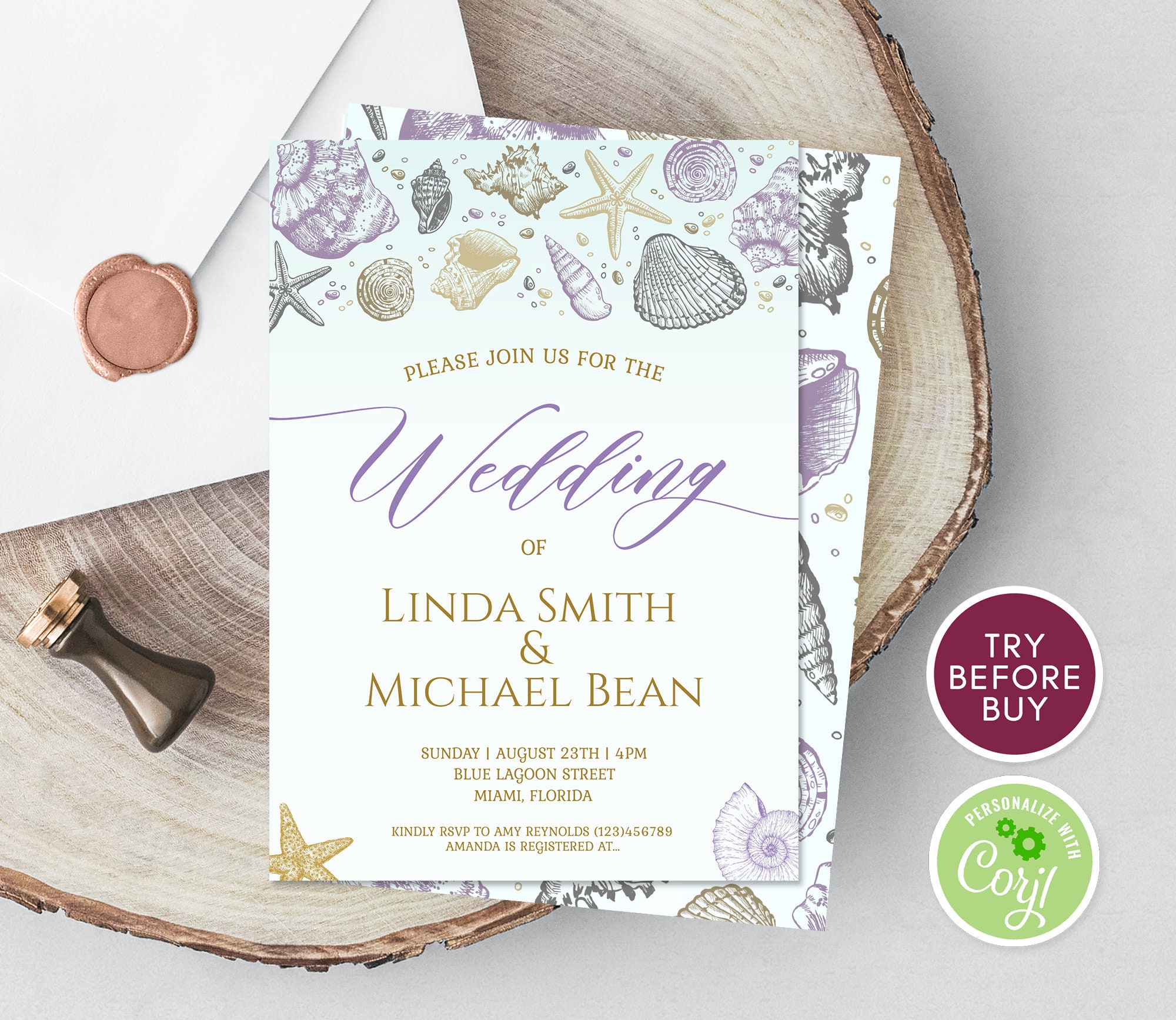 Beach Theme Wedding Invitation Template Destination Wedding | Etsy