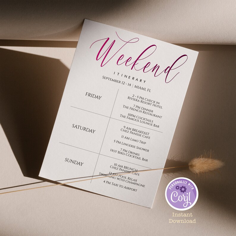 Weekend Itinerary Template Pink Printable Bachelorette Etsy
