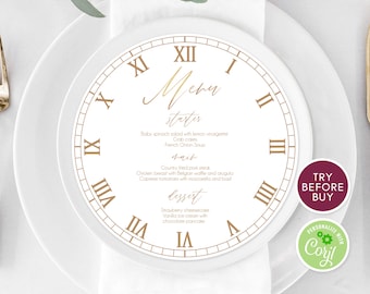 Round Wedding Clock Menu, Editable Gold Wedding Menu, Circle Menu Template, Printable Menu, Calligraphy Wedding Menu Dinner Instant Download