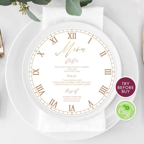 Round Wedding Clock Menu, Editable Gold Wedding Menu, Circle Menu Template, Printable Menu, Calligraphy Wedding Menu Dinner Instant Download