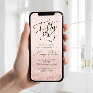 Convite Digital Rose Gold Fifty 50th, Modelo de Convite de Aniversário Rosa, Convite Eletrônico Rose Gold para Aniversário, Mensagem de Texto Editável Evite