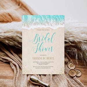 Carte d'invitation de douche nuptiale de plage, thème de plage d'invitation, douche nuptiale d'océan, douche nuptiale de mer, modèle modifiable, invitation imprimable DIY