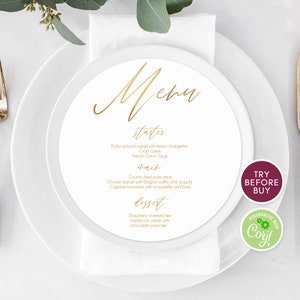 Okrągłe menu weselne, edytowalne złote menu weselne, szablon menu koła, menu do druku, menu weselne kaligraficzne, menu kolacji do pobrania DIY