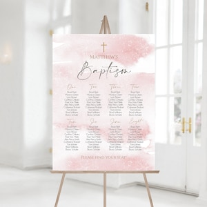 Modelo de sinal de gráfico de assentos para batismo rosa para impressão, gráfico de assentos editável, sinal de mesa, aquarela rosa, gráfico de assentos para meninas, digital