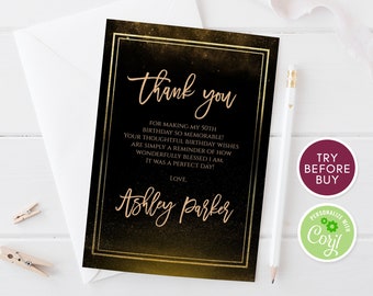 Adult Birthday Card, Thank You Cards Anniversary, Editable Thank You Card, DIY Thank You Template, Black Gold Geometric Thank You Notecard