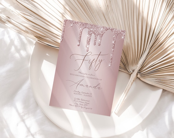 Printable Fifty Rose Gold Glitter Editable 50th Birthday - Etsy