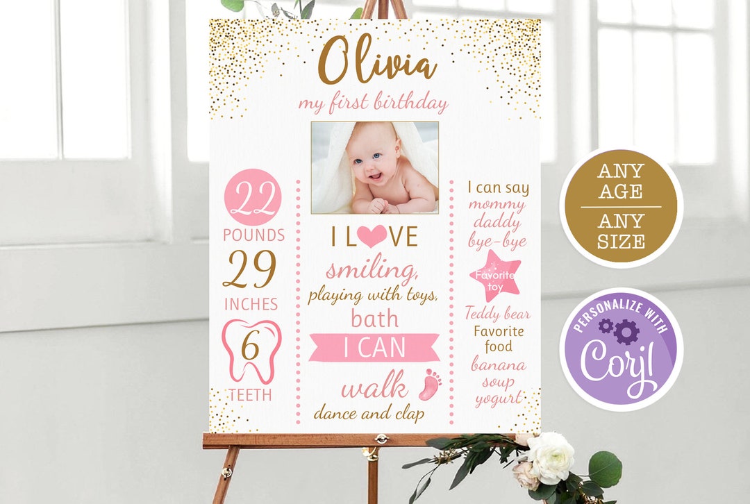 First Birthday Poster, Pink and Gold Confetti Board, Floral First
