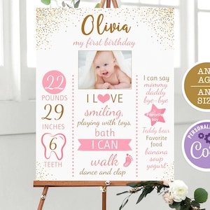 Erster Geburtstag Poster, Rosa und Gold Konfetti Board, Floral erster Geburtstag Meilensteinschild, Mädchen 1. Geburtstagstafel Schild Geburtstag Poster