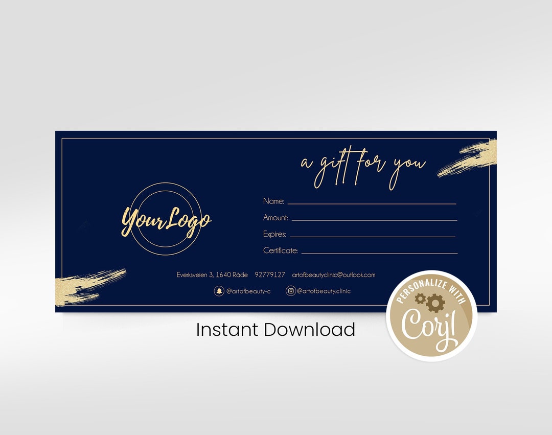 Navy Gold Gift Certificate, Editable Gift Card, Printable DIY Voucher