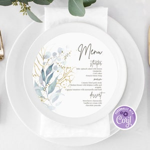 Greenery Floral Round Menu, Editable Gold Wedding Menu, Circle Menu Template, Printable Menu, Calligraphy Wedding Menu, Dinner , Download
