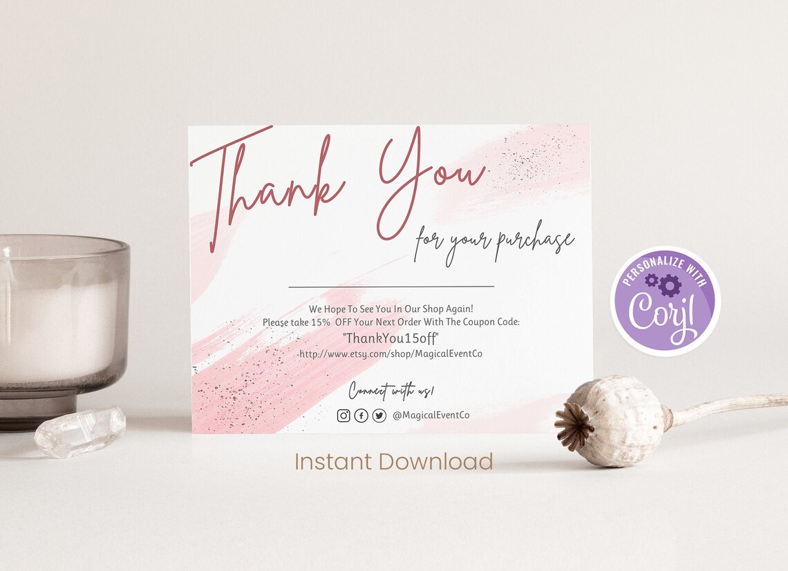 Pink Thank You for Your Purchase Cards Template Small - Etsy