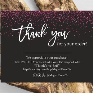 Black Rose Glitter Bedankt voor uw bestelkaarten sjabloon, klein bedrijf, online bedrijf, Etsy verkoper bedankkaart, pakket invoegen DIY