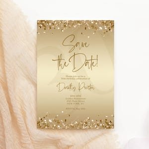 Modello di invito di compleanno in oro "Save the Date" modificabile, invito per festa di compleanno stampabile, biglietto Save the Date per qualsiasi età, messaggio di testo via e-mail