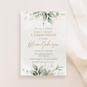 Plantilla de invitación de primera comunión imprimible, tarjeta de invitación de primera comunión para niño y niña con acuarela verde, descarga de plantilla editable