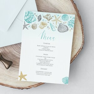 Wydrukuj menu weselne Beach Marine, edytowalne menu na wieczór panieński, menu o tematyce morskiej, menu 5x7, menu na przyjęcie urodzinowe, natychmiastowe pobranie cyfrowe