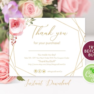 Bloemen Bedankt voor uw aankoopkaart sjabloon, klein bedrijf, online bedrijf, Etsy verkoper, dank u bestel bewerkbare instant download