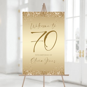 Cartel de bienvenida de fiesta de cumpleaños de 70 años imprimible, plantilla editable, plantilla de cartel de bienvenida de cumpleaños de oro moderno, confeti de lámina de oro