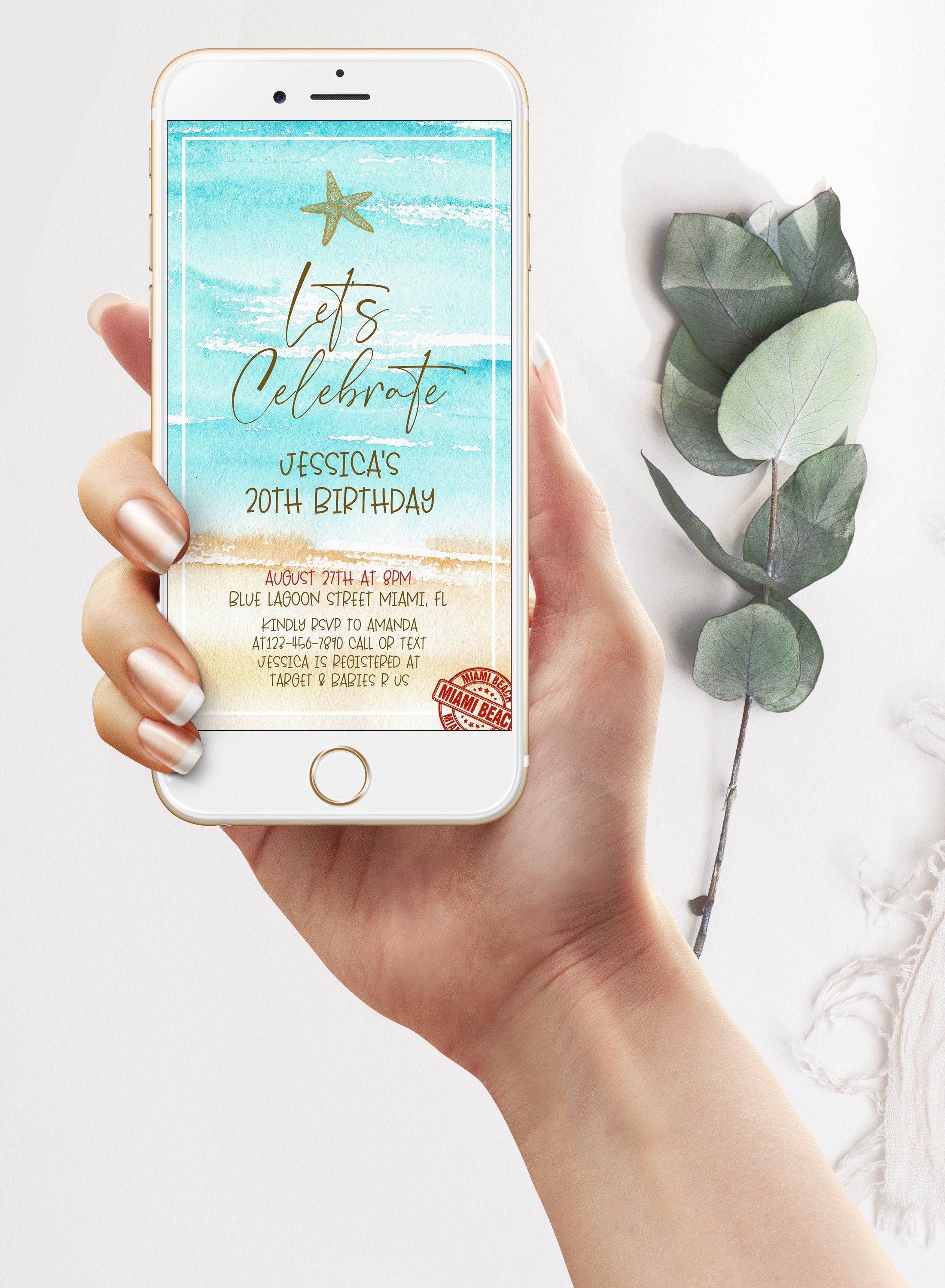 20th birthday Watercolor Beach Party Electronic Invitation Beach Birthday SMS Text Invite Beach Birthday Evite Phone message