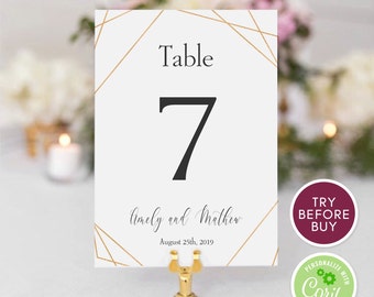 Table Number Template, Table Card Template, Printable Numbers, Table Number Sign, Editable Geometric Gold Table Numbers, DIY Table Number