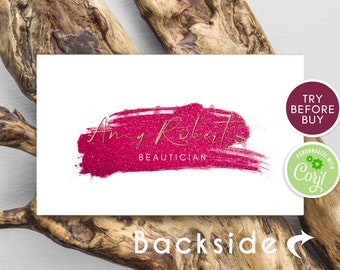 Pink Watercolor Brush Business Cards Template, Rose Gold Small Business Card, Custom Business Card Editable Template, Instant Download, DIY