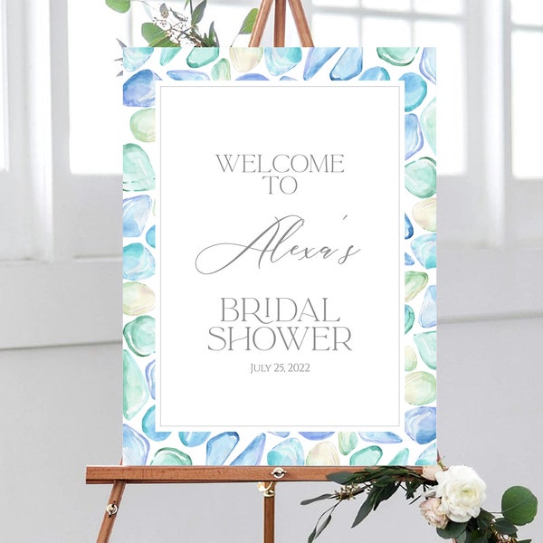 Watercolor Sea Glass Bridal Shower Welcome Sign Template, Beach Bridal Shower, Editable Template, Printable Sign, Bridal Shower Decoration