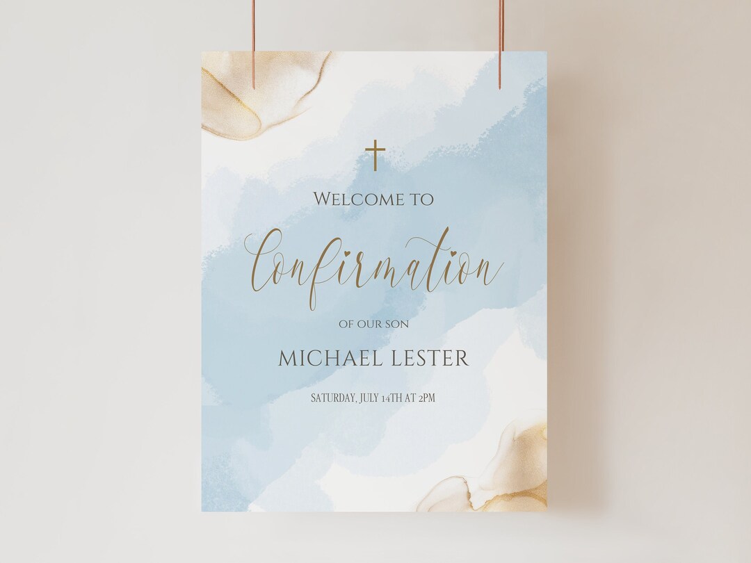 Boy Confirmation Welcome Sign Template, Printable Blue Gold Watercolor ...