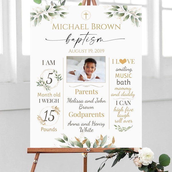 Baptism Milestone Sign with Photo, Greenery Baptism Chalkboard, Gold Baptism Decorations, Baptism Poster, Girl Boy Board, Printable Editable